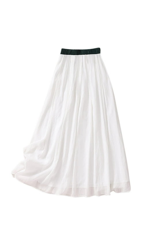 Womens Midi Skirts Plus Size Summer Casual Flowy Swing Skirt Cotton Linen Elastic Waist A-Line Skirts