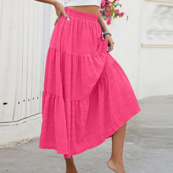 Womens Midi Skirts Summer High Waisted Solid Colo Flowy A-Line Beach Skirts Women Casual Daily Flowy Dresses Hot Pink M