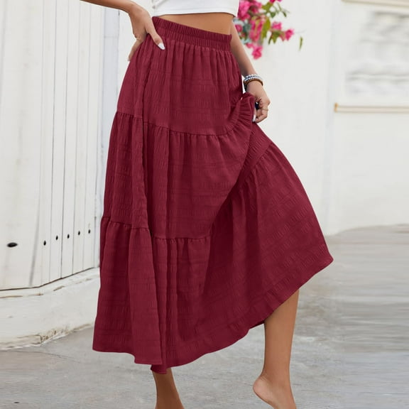Womens Midi Skirts Summer High Waisted Solid Colo Flowy A-Line Beach Skirts Women Casual Daily Flowy Dresses Wine L