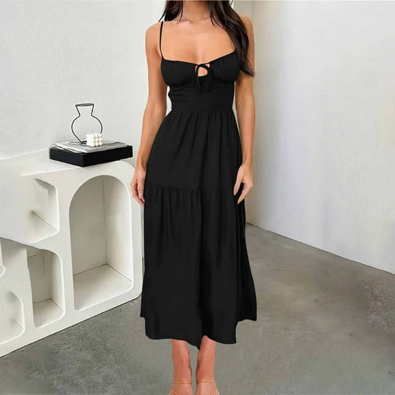 Womens Midi Summer Dress Sleeveless Spaghetti Strap Corset Dress with Front Tie for Seaside Vacation Date Night Beach Dress