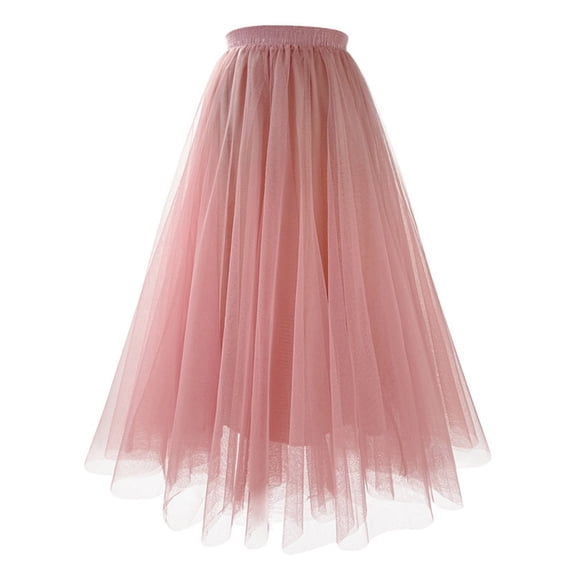 Womens Midi Tulle Skirts Mesh Party Long Elastic High Waist A-Line Pleated Flowy Tutu Skirts Light pink M