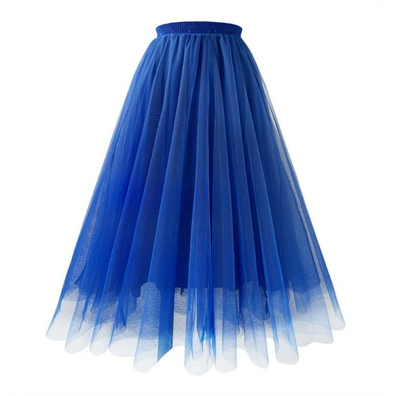 Womens Midi Tulle Skirts Mesh Party Long Elastic High Waist A-Line Pleated Flowy Tutu Skirts Royal Blue M