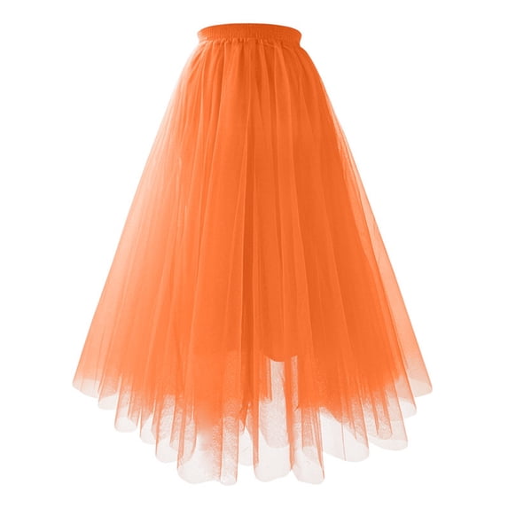 Womens Midi Tulle Skirts Mesh Party Long Elastic High Waist A-Line Pleated Flowy Tutu Skirts Saffron S