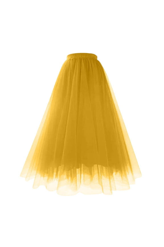 Womens Midi Tulle Skirts Mesh Party Long Elastic High Waist A-Line Pleated Flowy Tutu Skirts Yellow L