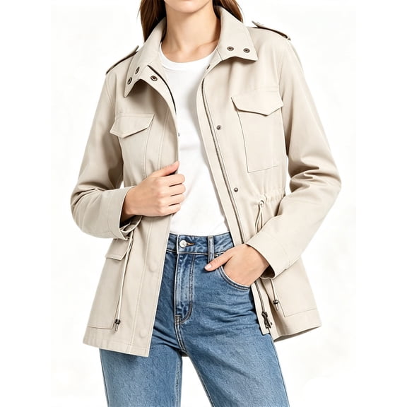 Long Sleeve Women Spring Fall Solid Color Zipper Coat Stand Collar Casual Military Anorak Jackets with Pocket