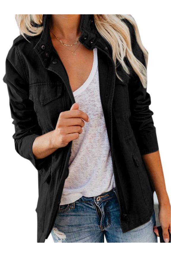 Long Sleeve Women Spring Fall Solid Color Zipper Coat Stand Collar Casual Military Anorak Jackets with Pocket