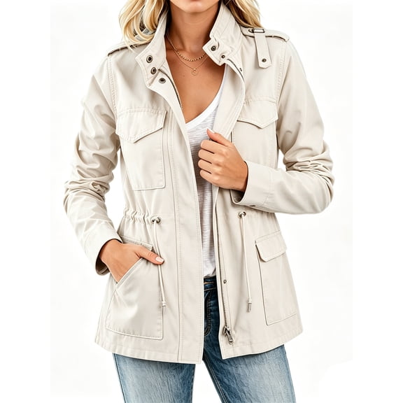 Long Sleeve Women Spring Fall Solid Color Zipper Coat Stand Collar Casual Military Anorak Jackets with Pocket