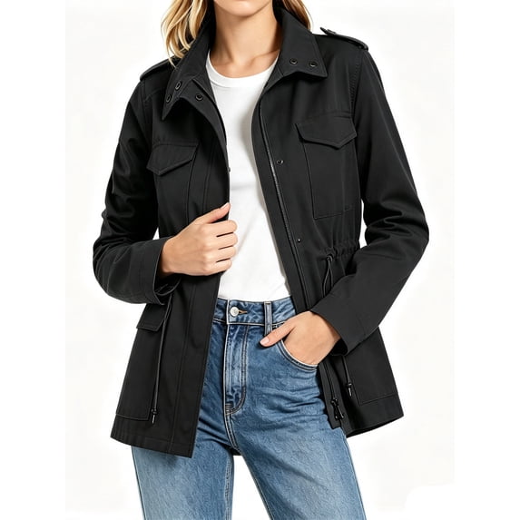 Long Sleeve Women Spring Fall Solid Color Zipper Coat Stand Collar Casual Military Anorak Jackets with Pocket