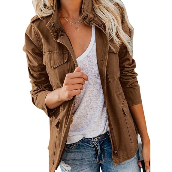 Long Sleeve Women Spring Fall Solid Color Zipper Coat Stand Collar Casual Military Anorak Jackets with Pocket