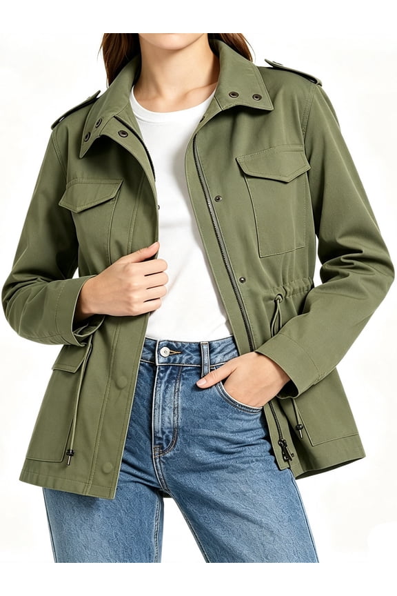 Long Sleeve Women Spring Fall Solid Color Zipper Coat Stand Collar Casual Military Anorak Jackets with Pocket