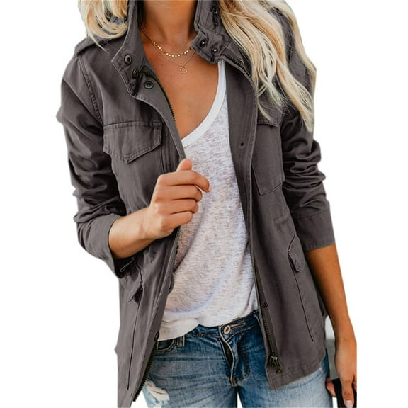 Long Sleeve Women Spring Fall Solid Color Zipper Coat Stand Collar Casual Military Anorak Jackets with Pocket