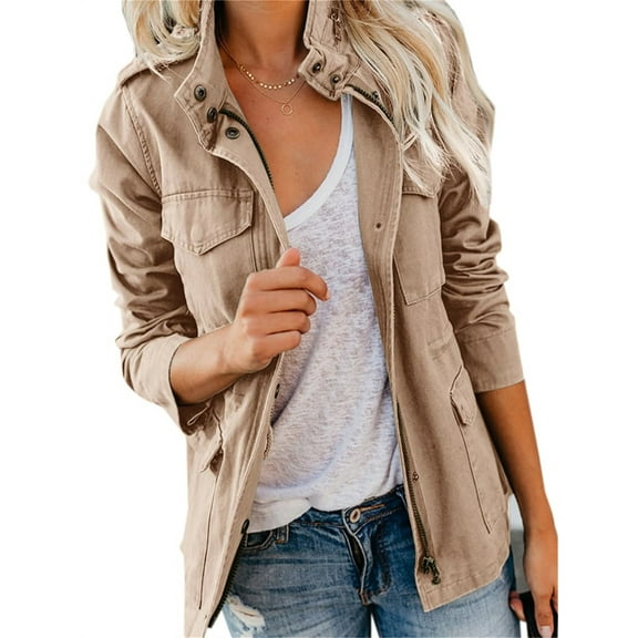 Long Sleeve Women Spring Fall Solid Color Zipper Coat Stand Collar Casual Military Anorak Jackets with Pocket