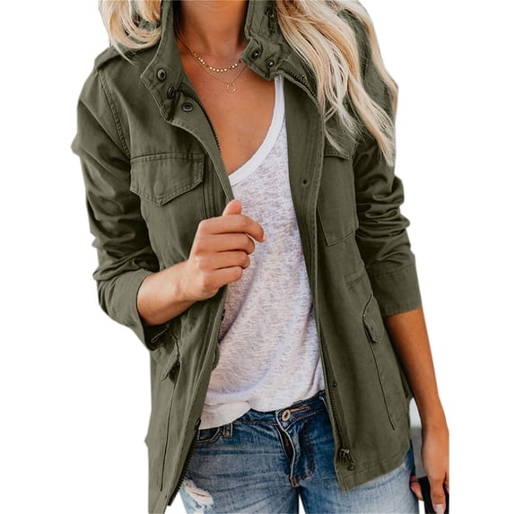 Long Sleeve Women Spring Fall Solid Color Zipper Coat Stand Collar Casual Military Anorak Jackets with Pocket