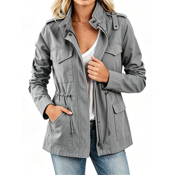 Long Sleeve Women Spring Fall Solid Color Zipper Coat Stand Collar Casual Military Anorak Jackets with Pocket