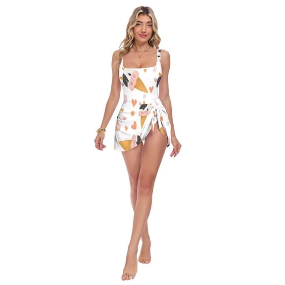 Womens Milk Cow Ice Cream Pattern Print 2-in-1 Swim Dress Detachable Skirt One-Piece Swimsuit Square Neck S-XXL