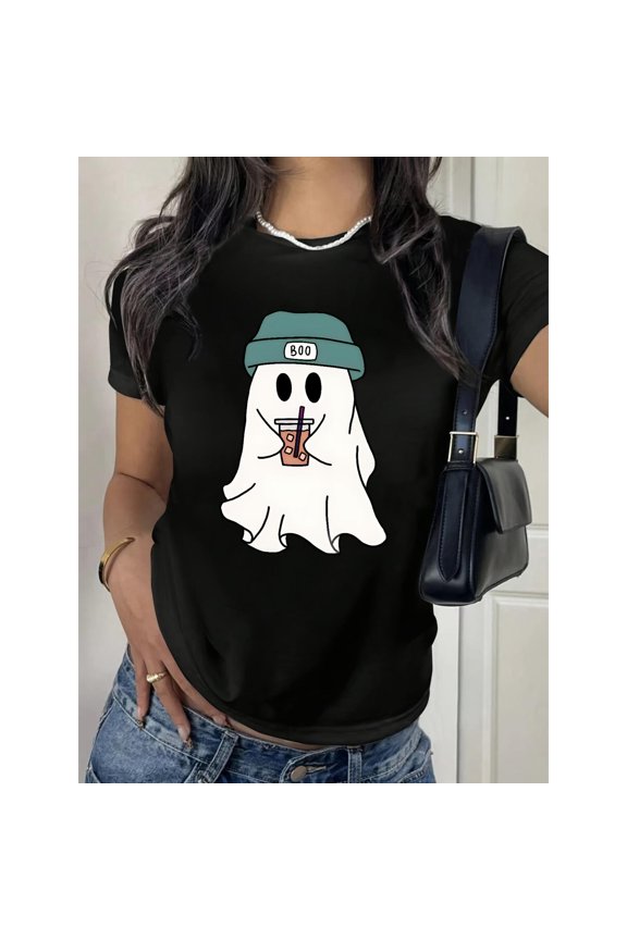 Womens Milk Tea Graphic Tee Casual T Shirt Tops Short Sleeve Round Neck Cotton and Comfortable Black S-5XL