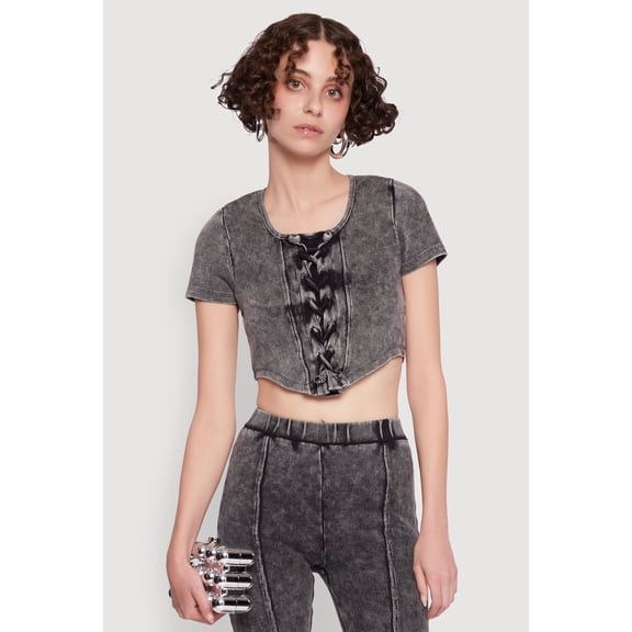 Womens Mineral Wash Lace Up Detail Crop Top