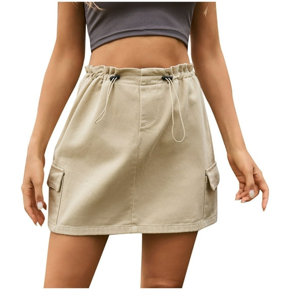 Womens Mini Cargo Skirts High Waist Bodycon Skirts with Pocket Bodycon Short Skirt Summer Denim Mini Skirts Khaki,XL