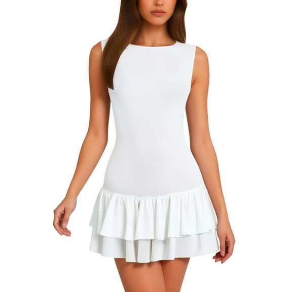 Womens Mini Dress - Double Layered Ruffle Hem Ruched Tiered Skirt, Sleeveless Bodycon Tank Dress, Polyester Material, S-L Sizes