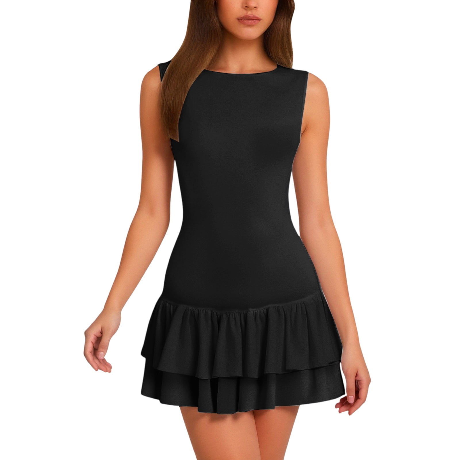 Womens Mini Dress Double Layered Ruffle Hem Ruched Tiered Skirt