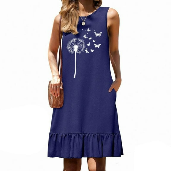 Womens Mini Dress Sleeveless Crewneck Print Loose Tank Dress with Patch Pocket Vacation Resort Summer Holiday Casual Shirt Dress