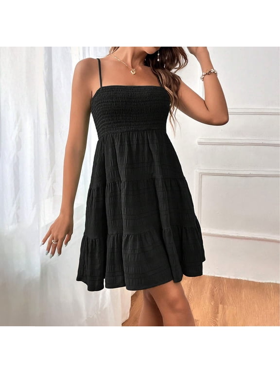Womens Mini Dress Spaghetti Strap Sleeveless Smock Cami Dress Summer Vacation Flowy Boho A Line Swing Short Dresses Black XL