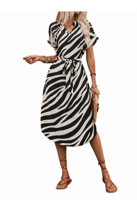 Womens Mini Dresses Summer Casual Dress Flowy Spring Dress V Neck Tie Waist Split Wrinkle-Free Fit Long Fashion Vacation Dresses 2026 Spring