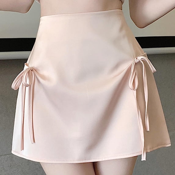 Womens Mini Skirt A-Line Elastic High Waisted Cute Bow Skirts Solid Color Satin Skirts L