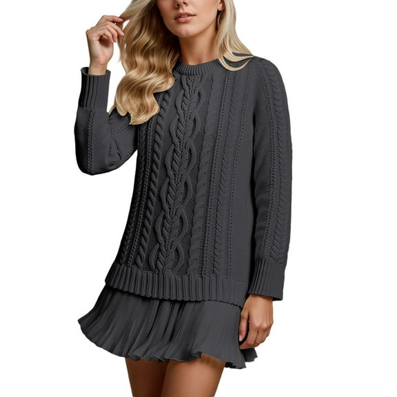 Womens Mini Skirt Patchwork Pleated Sweater Dress Solid Cable Knit Long Sleeve Crewneck Pollover Shirts