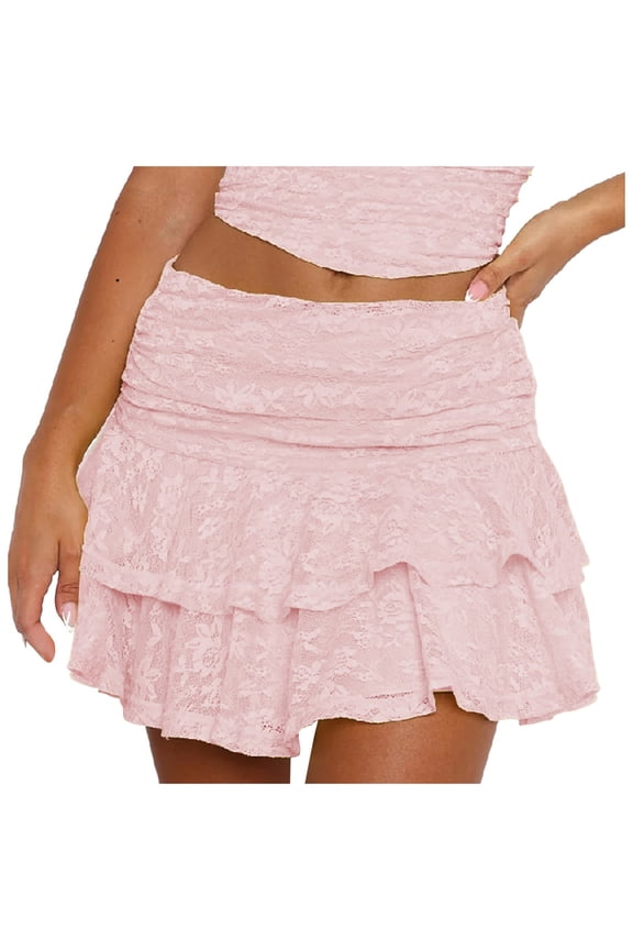 Womens Mini Skirts Summer Mesh Lace Elastic High Waisted Coke Skirt Fashion Ruffle Hem Tiered Line Short Skirts