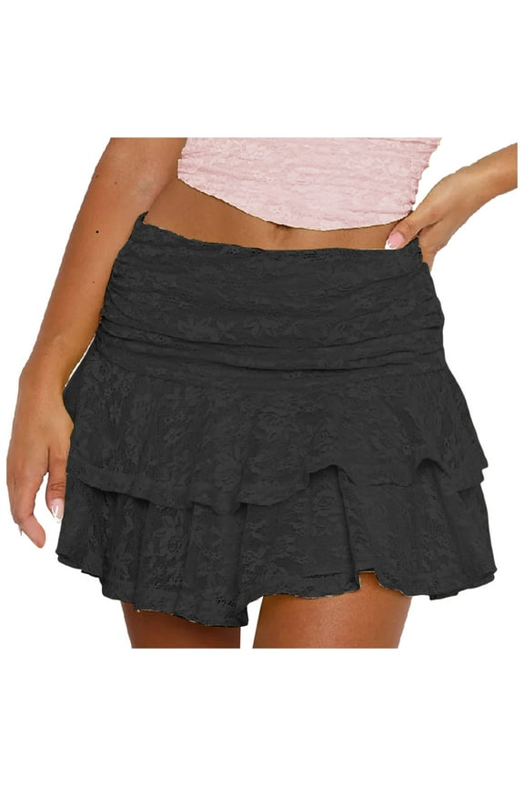 Womens Mini Skirts Summer Mesh Lace Elastic High Waisted Coke Skirt Fashion Ruffle Hem Tiered Line Short Skirts