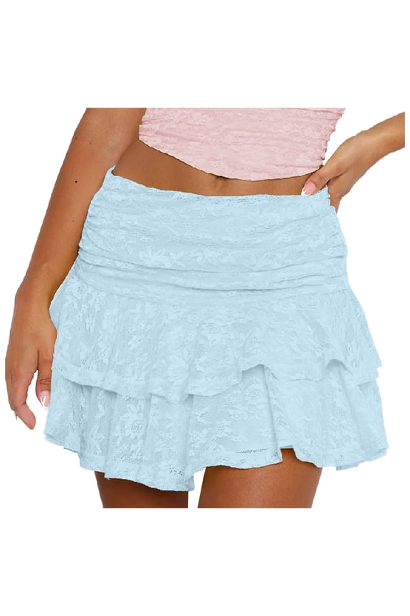 Womens Mini Skirts Summer Mesh Lace Elastic High Waisted Coke Skirt Fashion Ruffle Hem Tiered Line Short Skirts