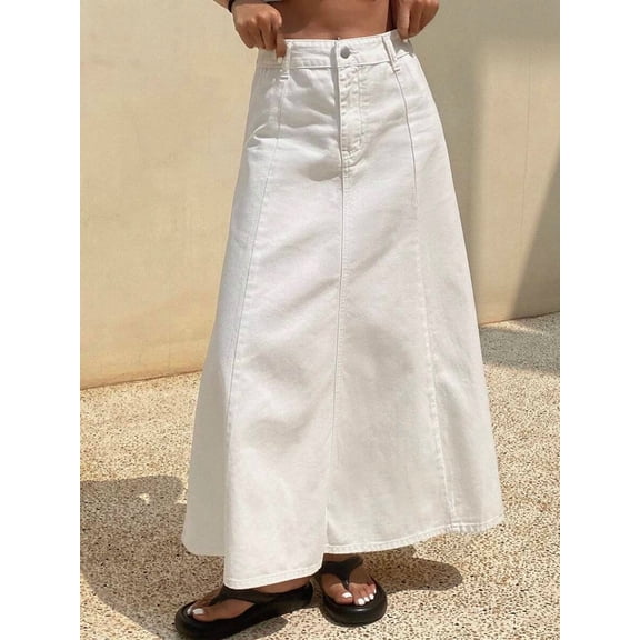 Womens Minimalist A Line Denim Skirt High Waisted Midi Skirt with Pockets