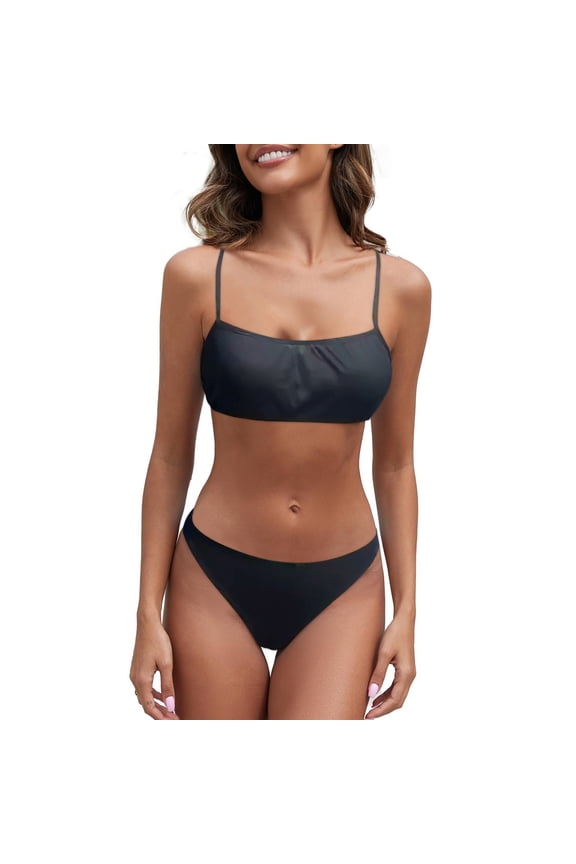 Womens Minimalist Bikinis, Minimalist Plain Solid Spaghetti Strap Square Neck Bralette Bikini Mid Rise Bottom Quick Dry Two Piece Beach Swimsuits, Black M