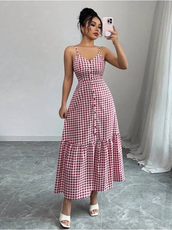 Womens Minimalist Dress Spaghetti Strap Button Down Ruffle Hem Midi Dress