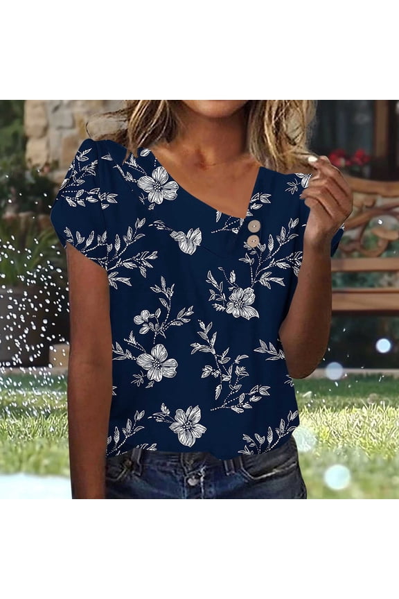 Womens Minimalist Floral Blouse Single Line Botanical Print - Soft Asymmetric Neck Summer Workwear Tunic