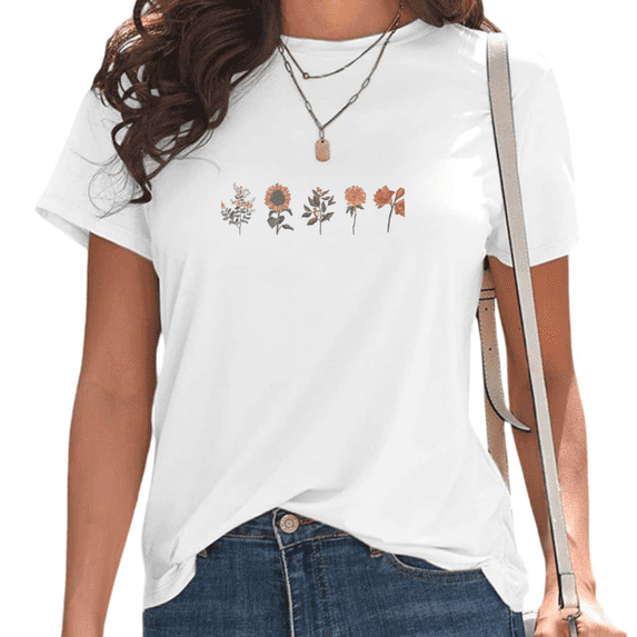 Womens Minimalist Floral Print Tshirt Graphic Tees Shirts White Aesthetic Weekend Brunch Vacation Tops S-5XL
