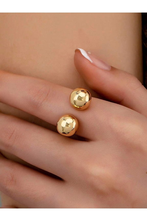 Womens Minimalist Gold Bubble Ring With Two Polished Spheres, Simple Sphere Decor Rugged Personalized Jewelry