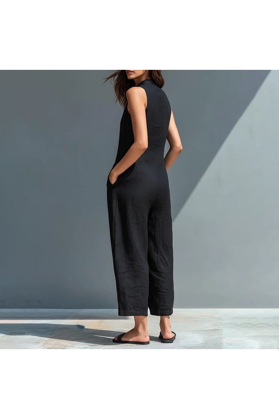 Womens Minimalist Linen Blend Button-up Stand-collar Sleeveless Loose Jumpsuit, V-neck sleeveless casual loose linen jumpsuit Black S