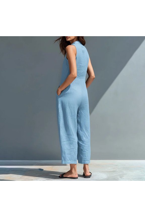 Womens Minimalist Linen Blend Button-up Stand-collar Sleeveless Loose Jumpsuit, V-neck sleeveless casual loose linen jumpsuit Blue S