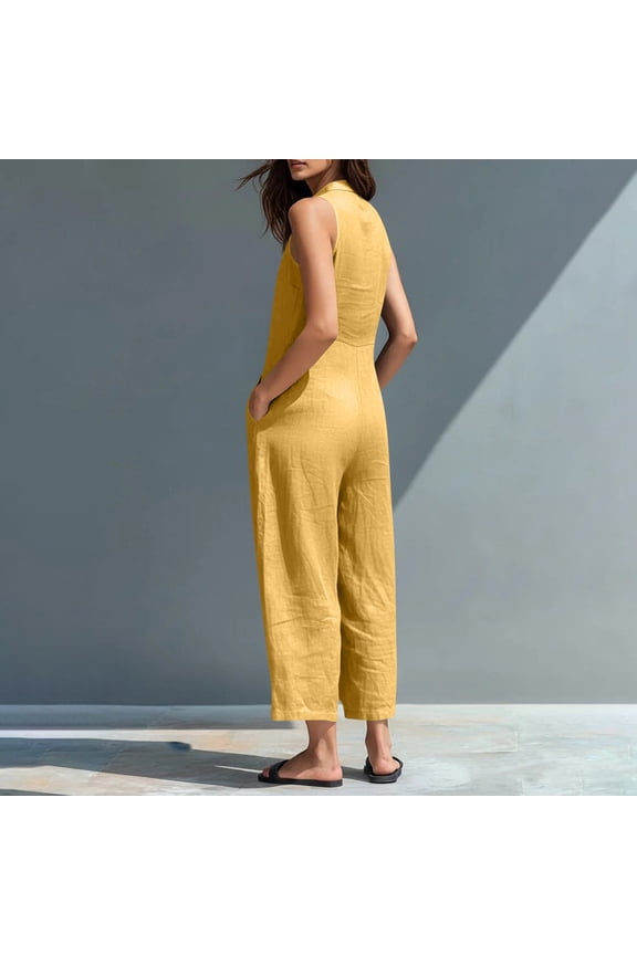 Womens Minimalist Linen Blend Button-up Stand-collar Sleeveless Loose Jumpsuit, V-neck sleeveless casual loose linen jumpsuit Yellow S