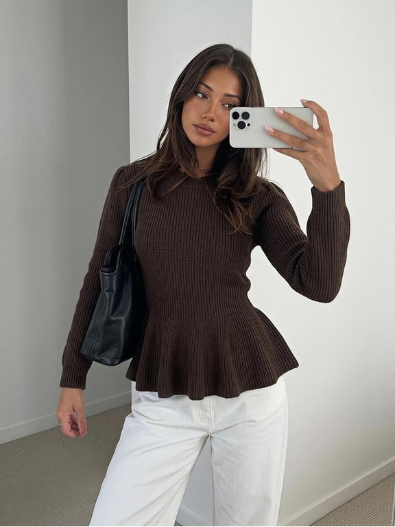 Womens Minimalist Peplum Sweater Crewneck Long Sleeve Fitted Ruched Knit Top