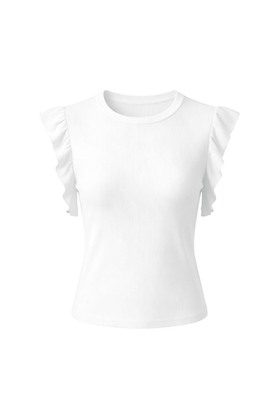 Womens Minimalist Ribbed Sleeveless Blouse Frill Flutter Shoulder Crew Neck Figure Hugging Top