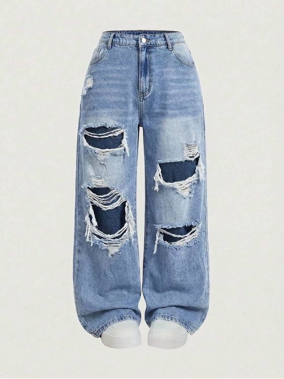 Womens Minimalist Ripped Jeans Wide Leg Loose Fit High Waisted Distressed Denim