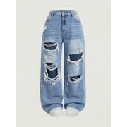 Womens Minimalist Ripped Jeans Wide Leg Loose Fit High Waisted Distressed Denim