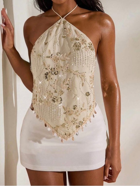 Womens Minimalist Sequin Top Neck Backless Sleeveless Party