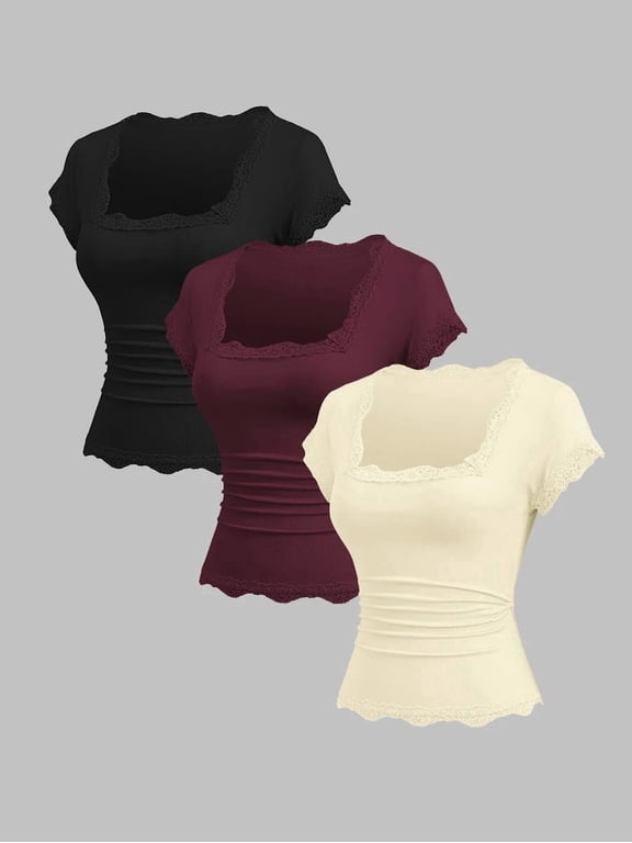 Womens Minimalist Square Neck Top Trim Short Sleeve Ruched Fitted Blouse