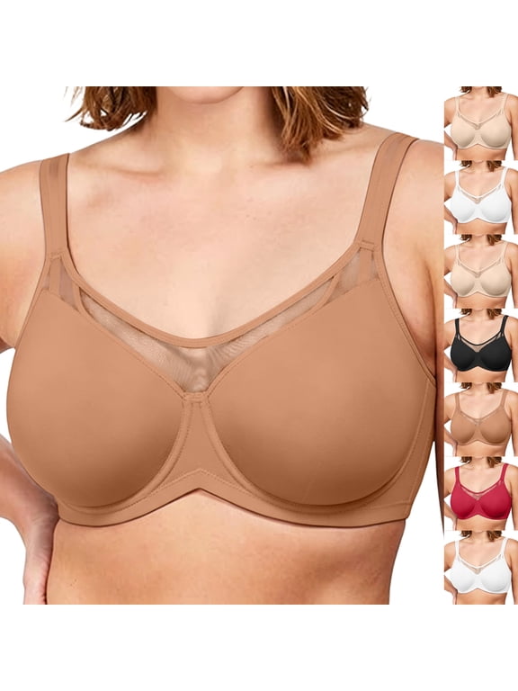 Womens Minimizer Bra - Mesh Crossover Seamless Underwire Support, Wide Strap T-Shirt Bra