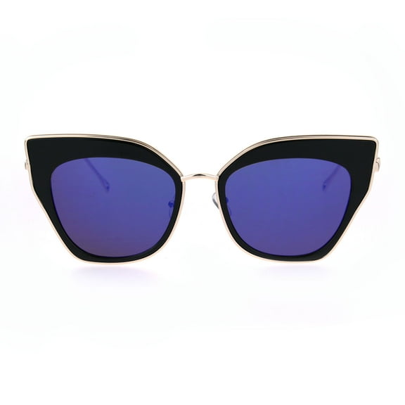 Womens Mirror Double Rim Squared Oversize Cat Eye Retro Sunglasses Black Blue