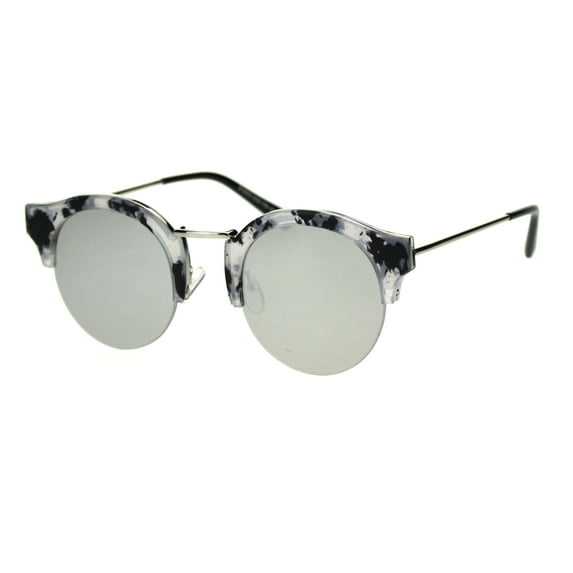 Womens Mirrored Polarized Lens Half Horn Rim Round Vintage Fashion Sunglasses White Marble Silver Mirror